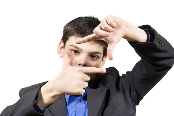 Guy shows his hands gestures, isolated on white background — Stok fotoğraf