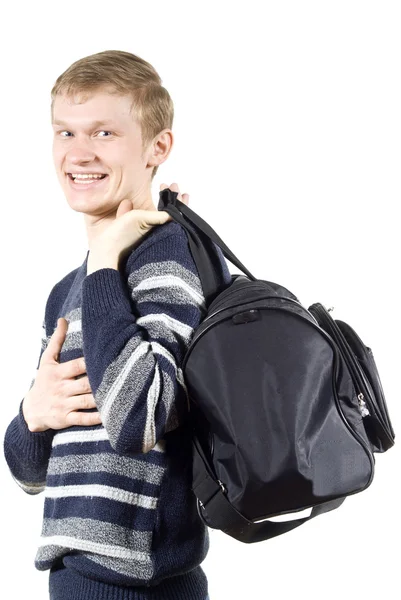 El tipo sonriendo sostiene la bolsa — Foto de Stock