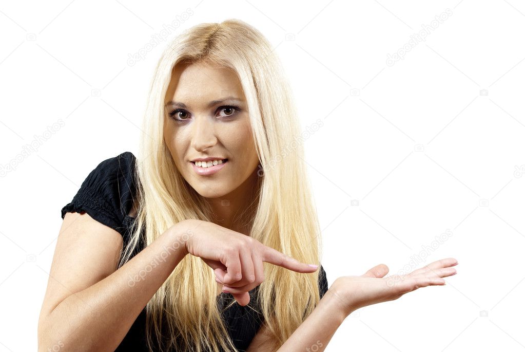 Красивая девушка показывает пальцем Stock-Foto | Adobe Stock
