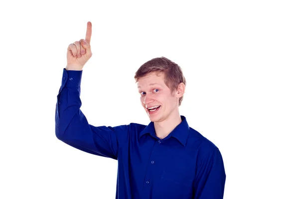 Boy points his finger up — Stock Photo, Image