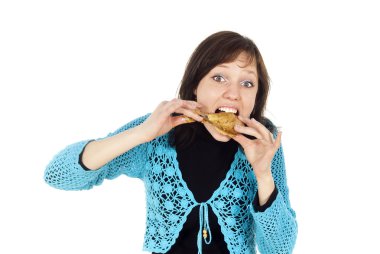 Girl eats greedily chicken clipart