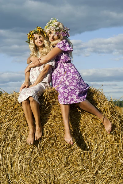 Blonde sisters in the straw — Stock Photo, Image