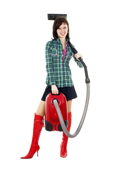 Girl standing with vacuum cleaner — Stock Photo, Image