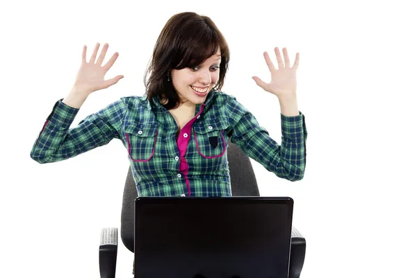 Gelukkig meisje met een laptop — Stockfoto