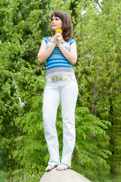 Krásná dívka stojící na skále, v přírodě — Stock fotografie