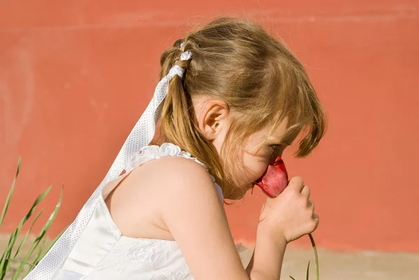 Dívka čichání Tulipán, v přírodě — Stock fotografie