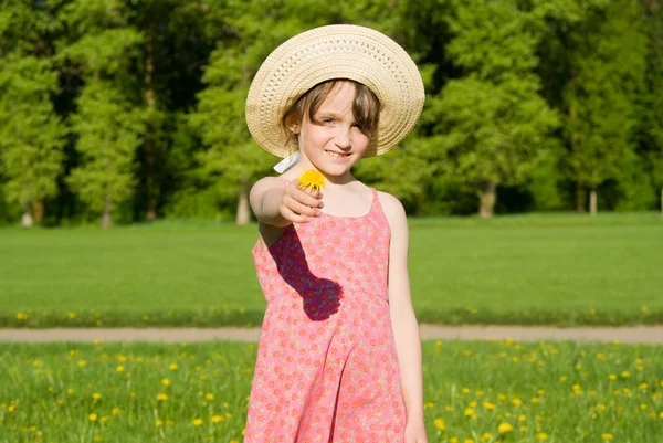 A menina no chapéu oferece uma flor, na natureza — Fotografia de Stock