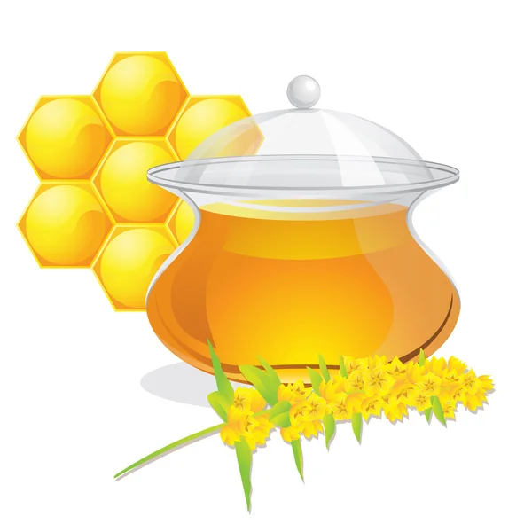 Volledige pot met honing en bloemen — Stockvector