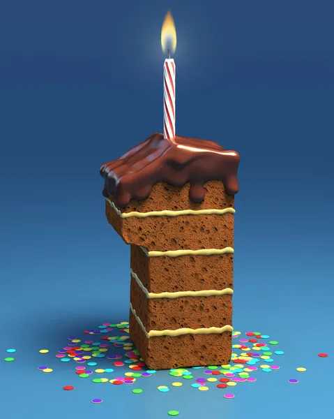 Gâteau d'anniversaire en forme de numéro un avec bougie — Photo