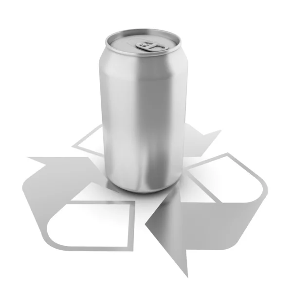 Isolated aluminium can over recycle sign — Stock Photo, Image