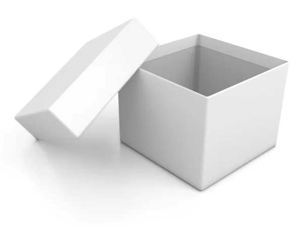 Branco caixa aberta em branco isolado sobre fundo branco — Fotografia de Stock