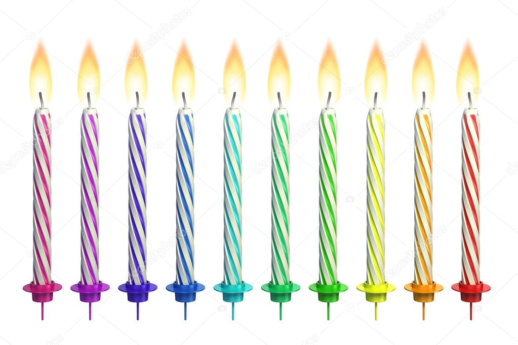 Colorful lit candles isolated over white