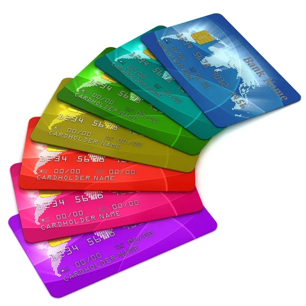 Beyaz arka plan üzerinde renkli kredi kartları — Stok fotoğraf