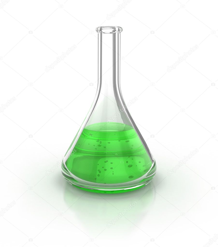 Laboratory glassware filed with green liquid