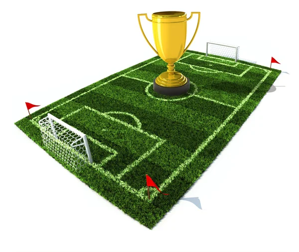 Fotbollsplan med gyllene trofé på center — Stockfoto