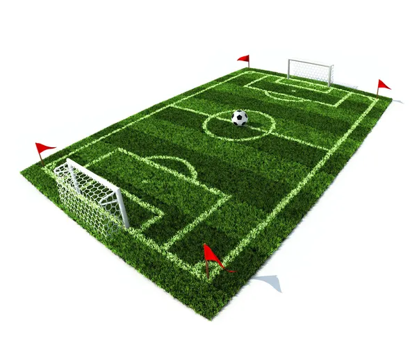 М'яч на центрі футбольного поля ізольовано на білому тлі — стокове фото
