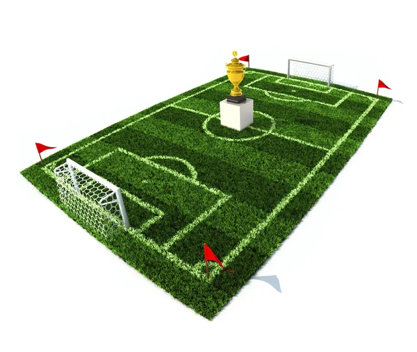 Fußballplatz mit goldener Trophäe in der Mitte — Stockfoto
