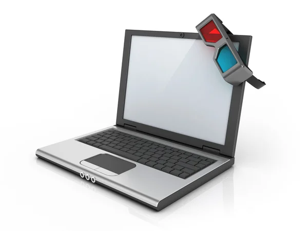 Notebook gotowy 3D - trzy wymiarowe okulary na laptopie — Zdjęcie stockowe