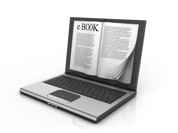 E-book 3d concepto - libro en lugar de pantalla en el portátil, portátil, netbook — Foto de Stock