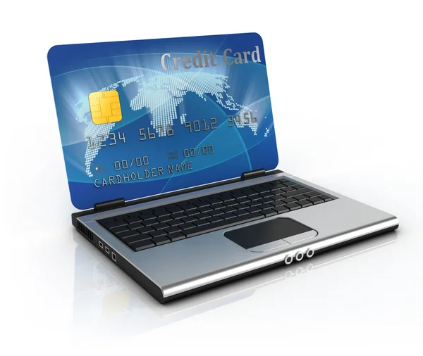 Na linii zakupy koncepcja 3d - laptopa karta kredytowa — Zdjęcie stockowe