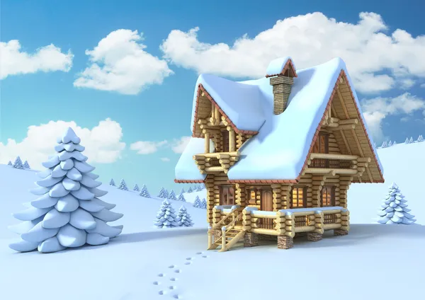 La escena invernal o navideña - la casa de troncos en la montaña —  Fotos de Stock
