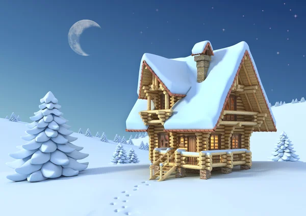 La escena invernal o navideña - la casa de troncos en la montaña —  Fotos de Stock
