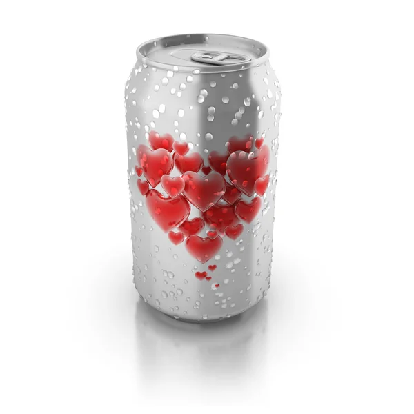 Love potion 3d concept - love hearts printed on aluminium can — Stock Photo, Image