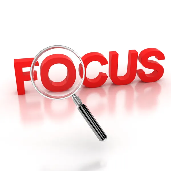 Focus in de focus icon - 3d brieven onder het vergrootglas — Stockfoto