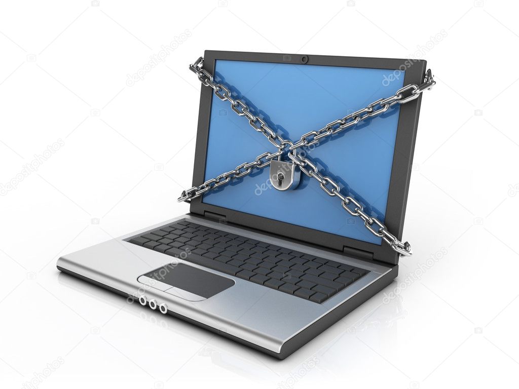 Computer , internet security 3d concept - chains padlock and notebook over white background