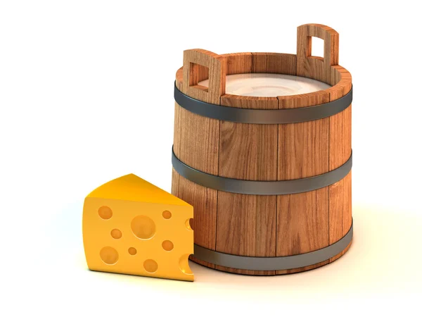 Diary products - milk bucket and a piece of cheese — Stock Photo, Image
