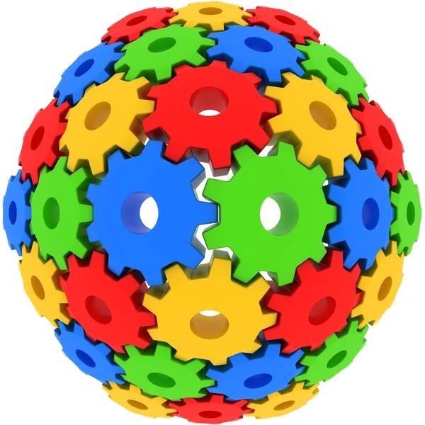 Colorful gears on white background with fish eye camera effect — Stock Photo, Image