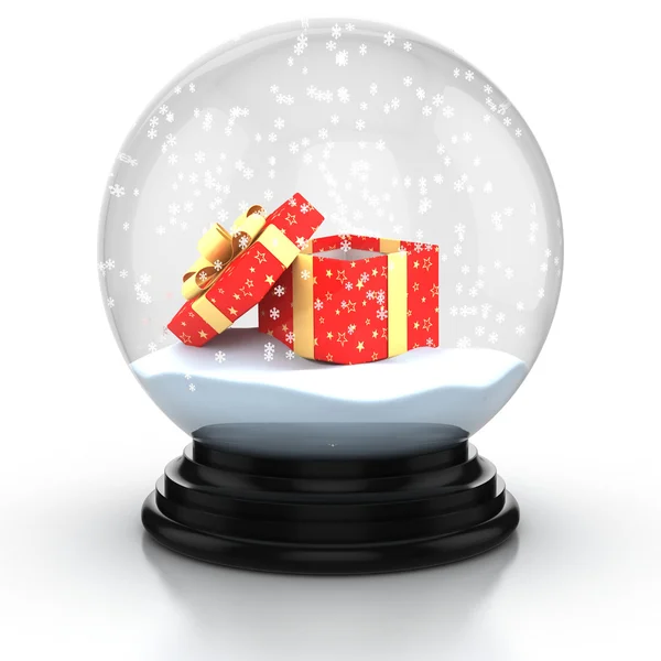 Open gift box in the snow dome over white background — Stock Photo, Image