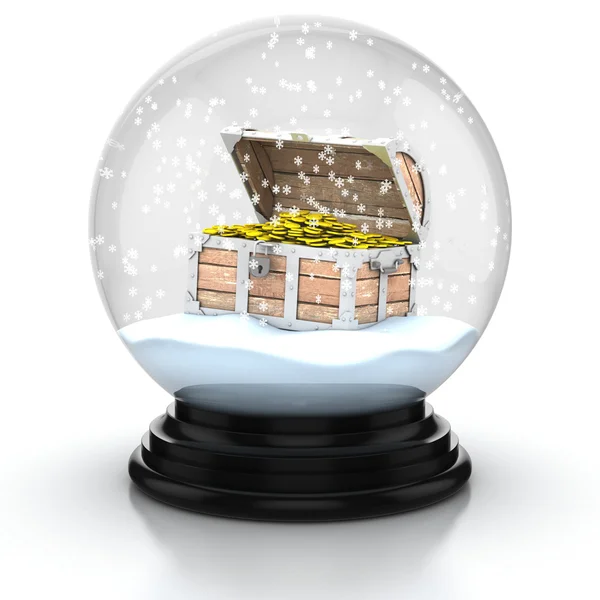 Cofre tesoro abierto dentro de la cúpula de nieve — Foto de Stock