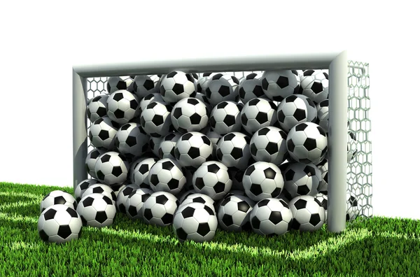 Målet full av bollar fotboll på fotbollsplanen — Stockfoto