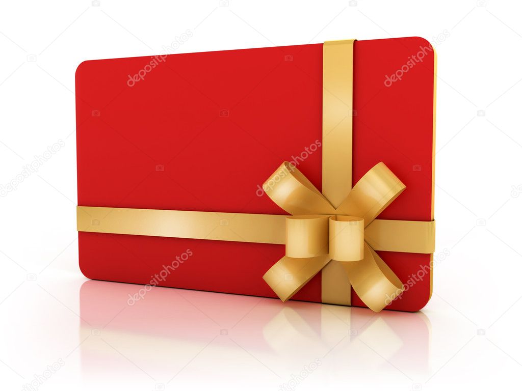 Red gift card with golden ribbon