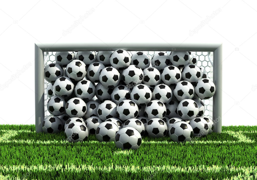 Goal full of soccer balls on the football field