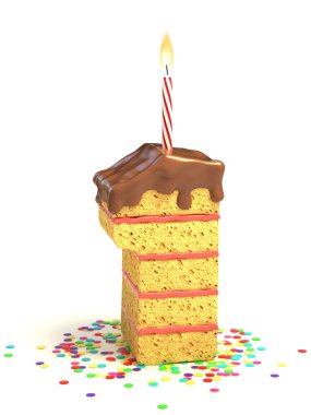 Number one shaped chocolate birthday cake with lit candle and confetti clipart