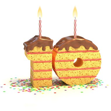 konfeti onuncu doğum günü veya yıl dönümü kutlaması için yanan mum ile çevrili çikolatalı doğum günü pastası