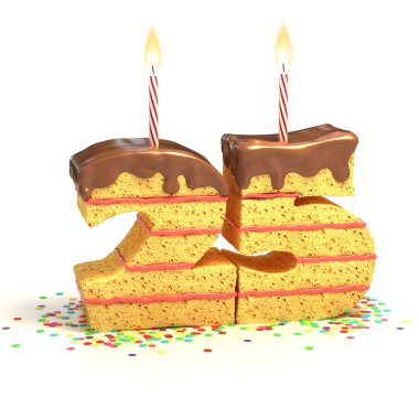 Yirmi beşinci doğum günü veya yıldönümü kutlamaları için konfeti yanan mum ile çevrili çikolatalı doğum günü pastası