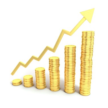 çubuk grafik üzerinde yükselen olarak finansal büyüme 3d konsept - altın paralar