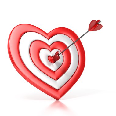 Heart shaped target with the arrow in the center isolated over white clipart