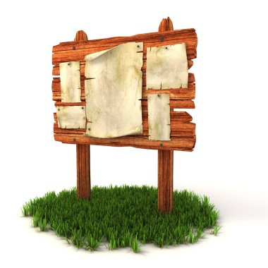 Old blank posters on the wooden billboard on grass clipart