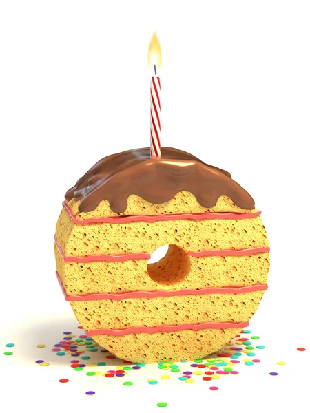 Gâteau d'anniversaire au chocolat en forme de zéro avec bougie allumée et confettis — Photo
