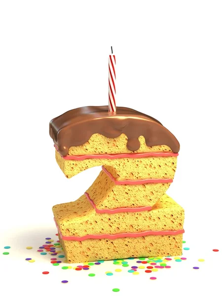 Pastel de cumpleaños de chocolate en forma de número dos con vela encendida y confeti —  Fotos de Stock