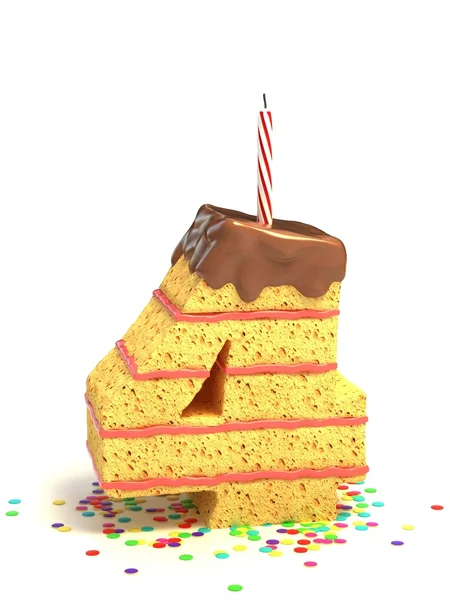 Шоколадный торт в форме четверки с зажженной свечой и конфетти — стоковое фото
