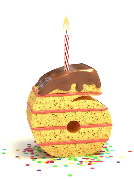 Nummer zes gevormde chocolade verjaardagstaart met verlichte kaars en confetti — Stockfoto