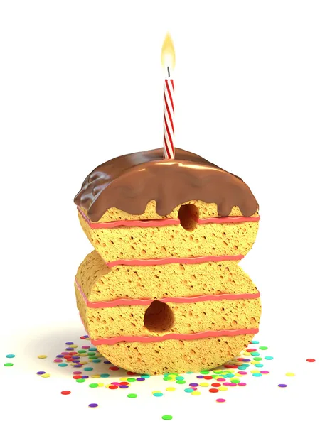 番号 8 の形をしたチョコレートの誕生日ケーキ点灯ろうそくと紙吹雪 — ストック写真