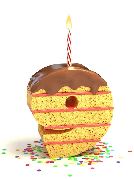 数字九形巧克力生日蛋糕，点燃的蜡烛和纸屑 — 图库照片