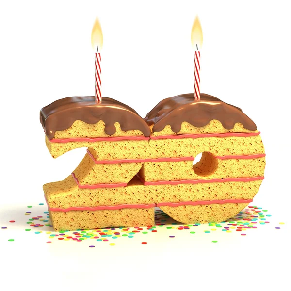 Pastel de cumpleaños de chocolate rodeado de confeti con vela encendida para una celebración del vigésimo cumpleaños o aniversario —  Fotos de Stock