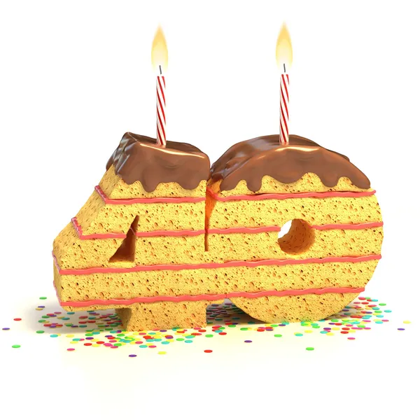 Chocolade verjaardagstaart omringd door confetti met verlichte kaars voor een veertigste verjaardag of jubileum feest — Stockfoto